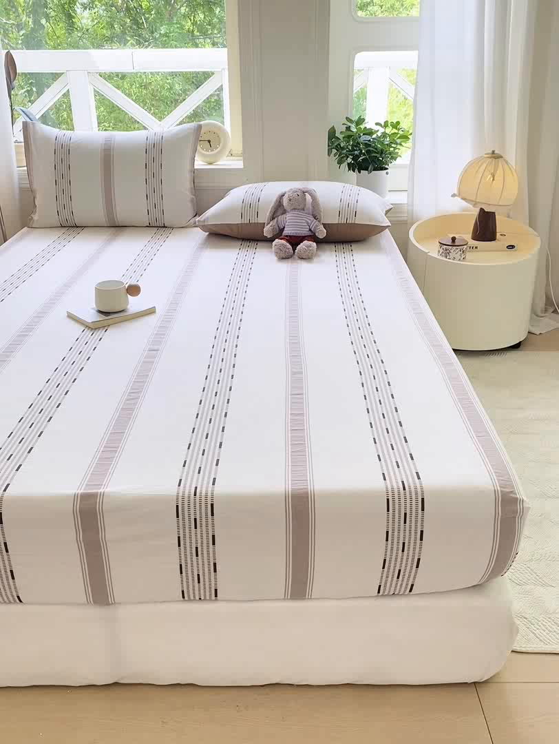 91家纺网 家纺一手货源 找家纺 灰鲸 2025新款全棉纯棉色织提花单床笠 床笠单件 素瑾-咖