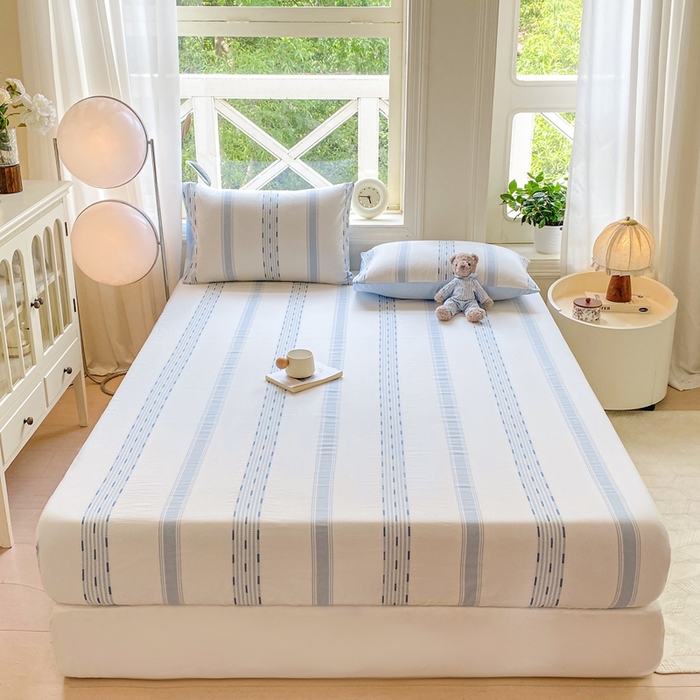 91家纺网 家纺一手货源 找家纺 灰鲸 2025新款全棉纯棉色织提花单床笠 床笠单件 素瑾-蓝