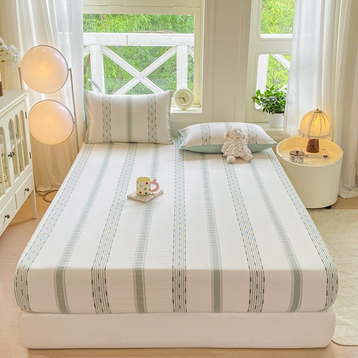 91家纺网 家纺一手货源 找家纺 灰鲸 2025新款全棉纯棉色织提花单床笠 床笠单件 素瑾-绿