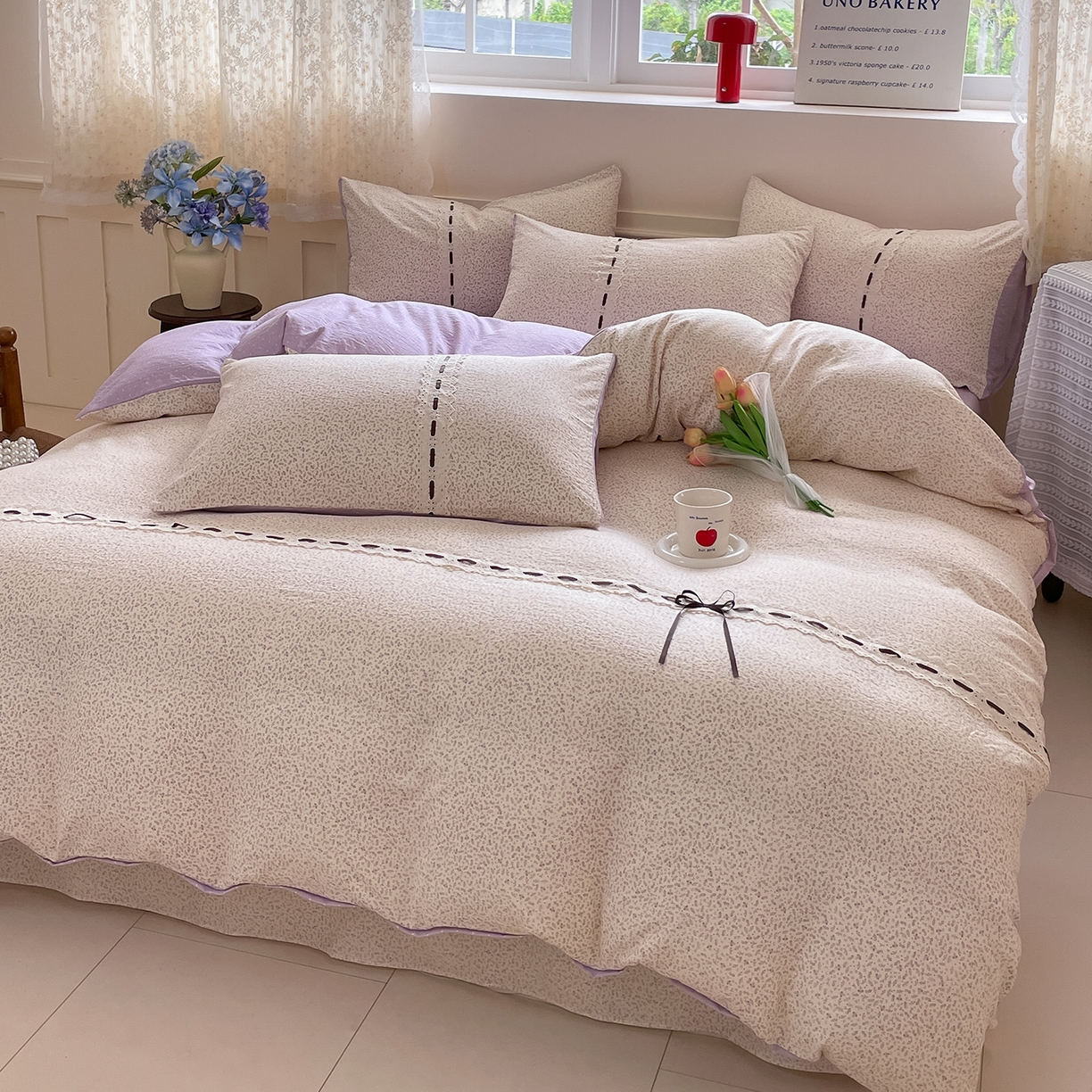 91家纺网 家纺一手货源 找家纺 韩后家纺 2025新款木棉印花四件套 塞纳花园-紫