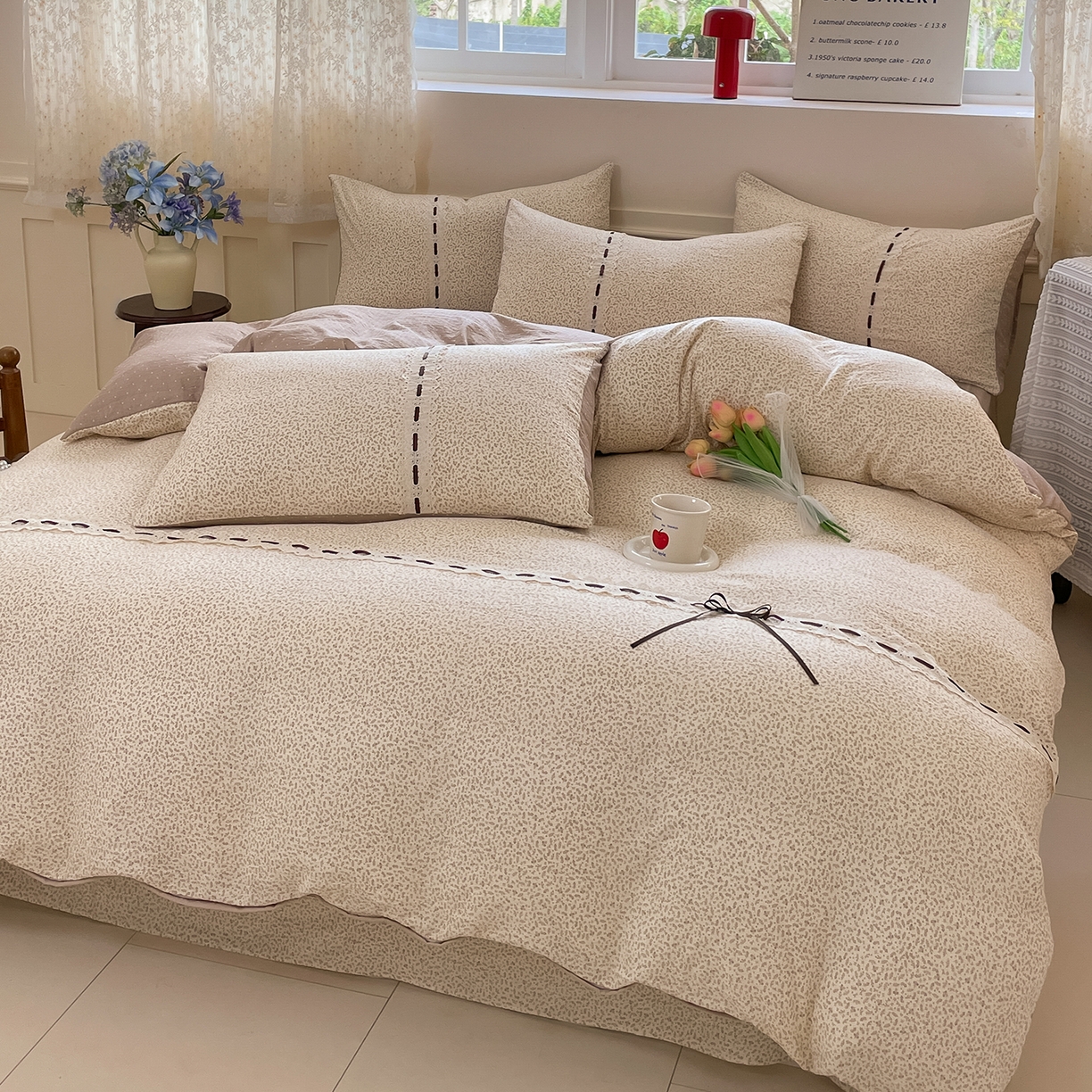 91家纺网 家纺一手货源 找家纺 韩后家纺 2025新款木棉印花四件套 塞纳花园-咖