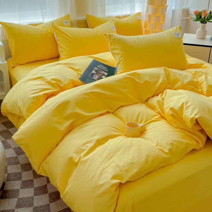 91家纺网 家纺一手货源 找家纺 花香四季家纺 2025新款全棉13376纯棉素色四件套系列床单床笠枕套单品 姜黄