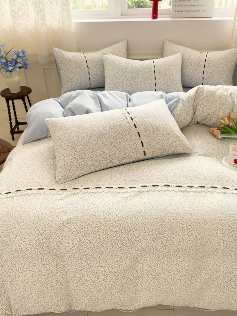 91家纺网 家纺一手货源 找家纺 韩后家纺 2025新款木棉印花四件套 塞纳花园-蓝