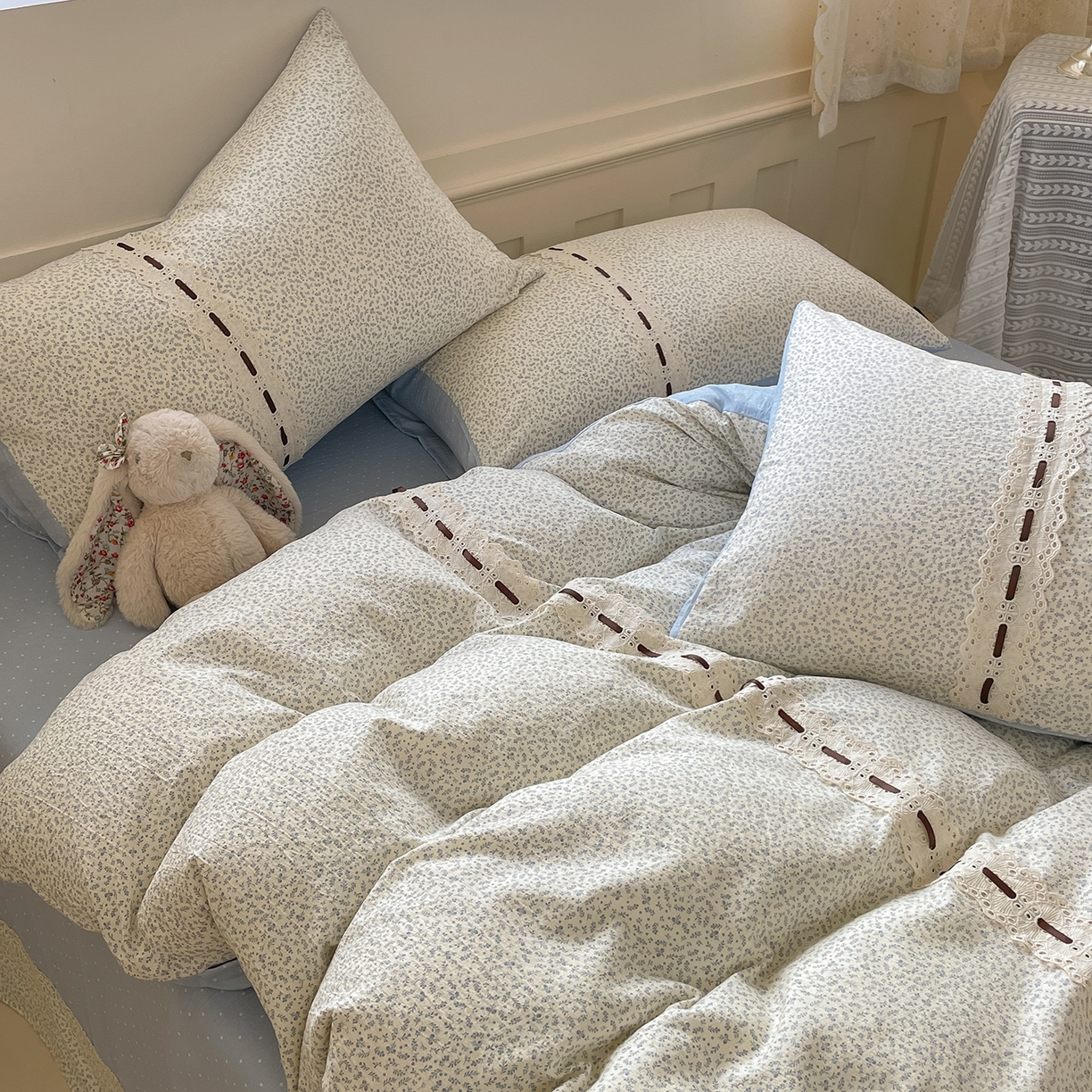 91家纺网 家纺一手货源 找家纺 韩后家纺 2025新款木棉印花四件套 塞纳花园-蓝