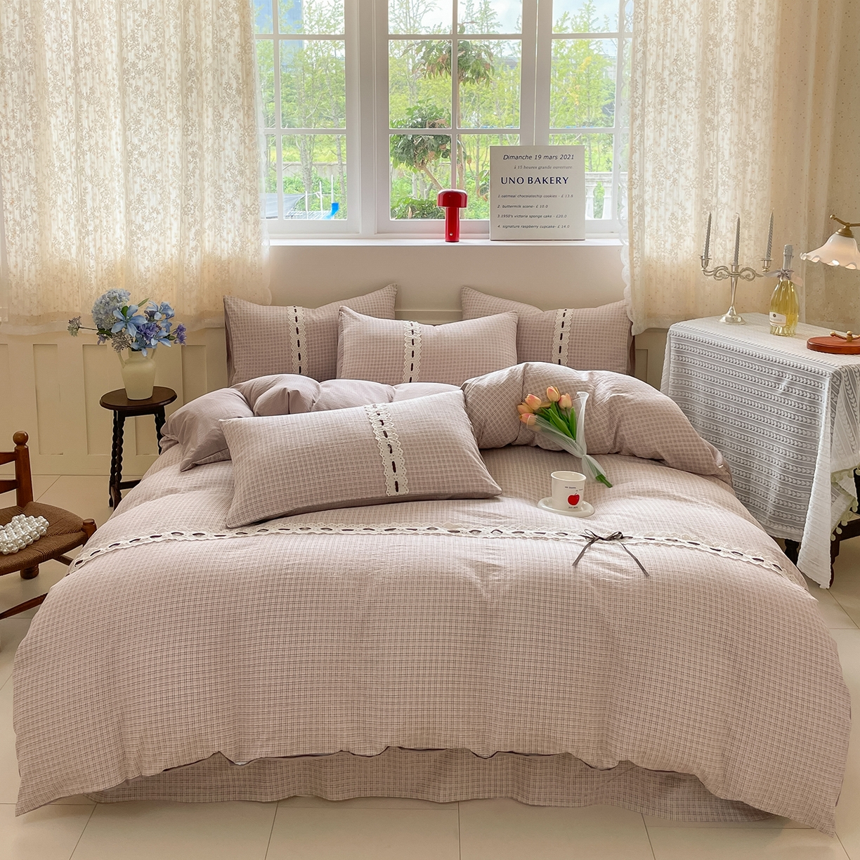 91家纺网 家纺一手货源 找家纺 韩后家纺 2025新款木棉印花四件套 格韵-咖