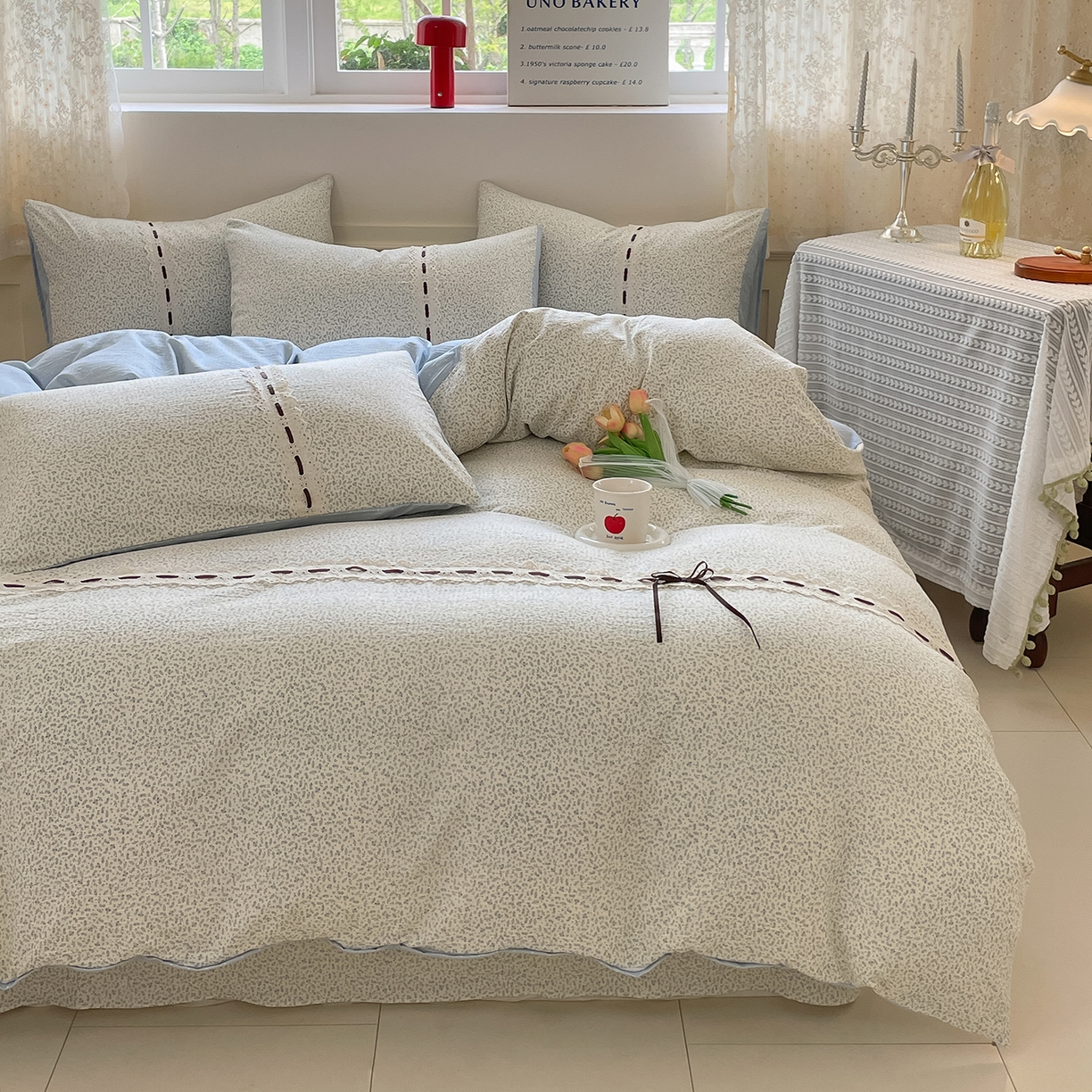 91家纺网 家纺一手货源 找家纺 韩后家纺 2025新款木棉印花四件套 塞纳花园-蓝