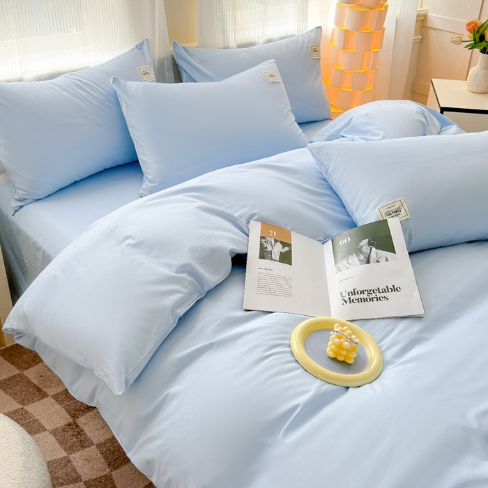 91家纺网 家纺一手货源 找家纺 花香四季家纺 2025新款全棉13376纯棉素色四件套系列床单床笠枕套单品 天真蓝