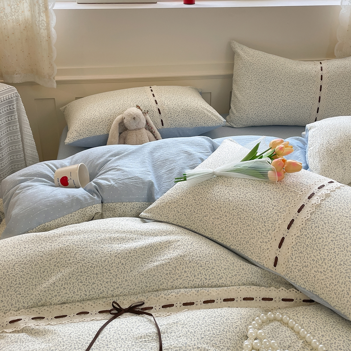 91家纺网 家纺一手货源 找家纺 韩后家纺 2025新款木棉印花四件套 塞纳花园-蓝