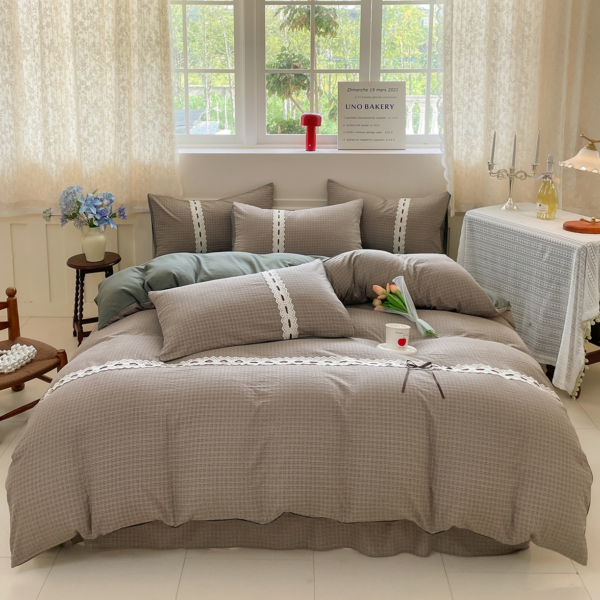 91家纺网 家纺一手货源 找家纺 韩后家纺 2025新款木棉印花四件套 格韵-绿