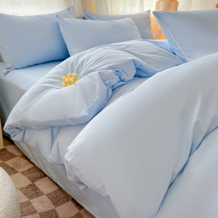 91家纺网 家纺一手货源 找家纺 花香四季家纺 2025新款全棉13376纯棉素色四件套系列床单床笠枕套单品 天真蓝