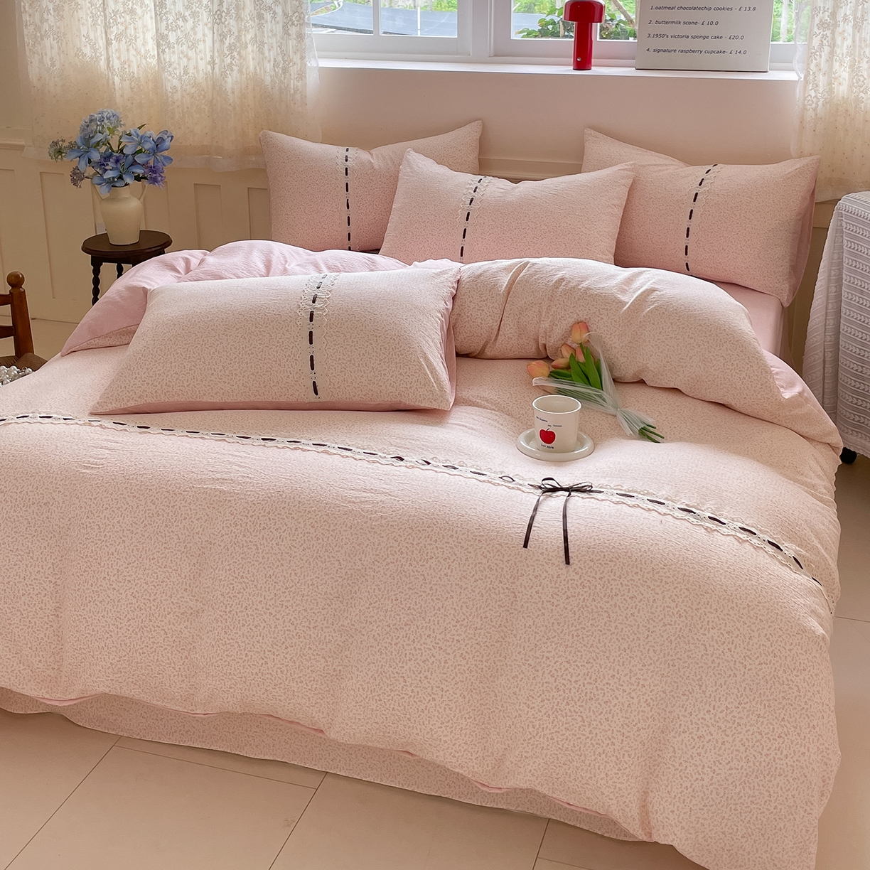 91家纺网 家纺一手货源 找家纺 韩后家纺 2025新款木棉印花四件套 塞纳花园-粉