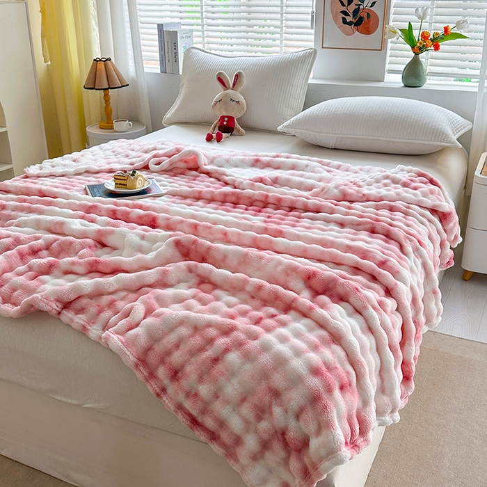 91家纺网 家纺一手货源 找家纺 肖恩毯业 2025新款托斯卡纳兔毛绒炫彩毛毯泡泡绒牛奶绒毯沙发盖毯跨境专供外贸出口可定制尺寸量大可谈 炫彩粉