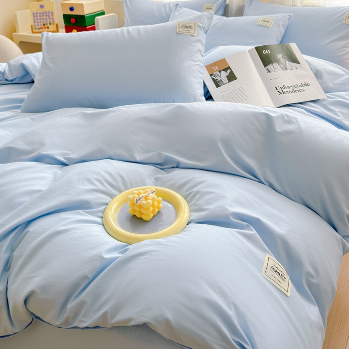 91家纺网 家纺一手货源 找家纺 花香四季家纺 2025新款全棉13376纯棉素色四件套系列床单床笠枕套单品 天真蓝