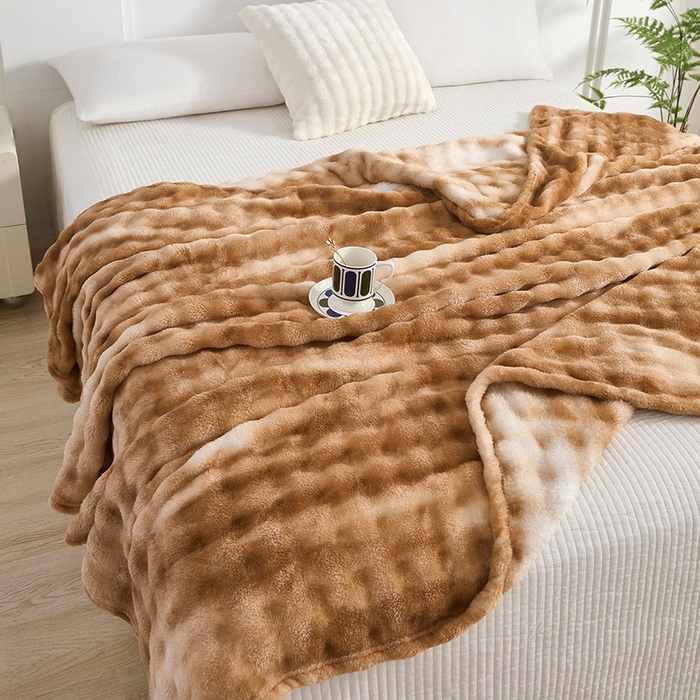 91家纺网 家纺一手货源 找家纺 肖恩毯业 2025新款托斯卡纳兔毛绒炫彩毛毯泡泡绒牛奶绒毯沙发盖毯跨境专供外贸出口可定制尺寸量大可谈 炫彩深咖