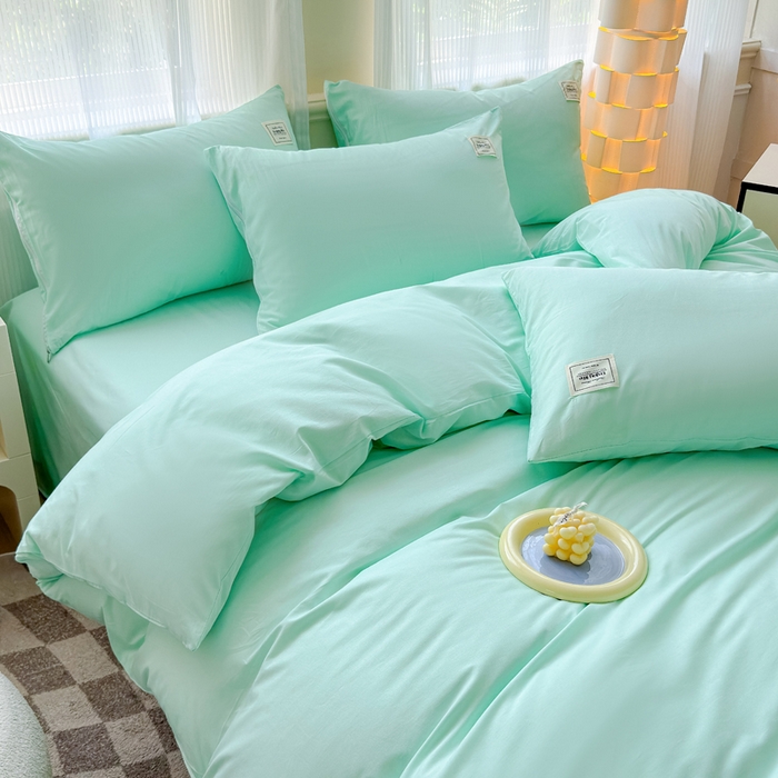 91家纺网 家纺一手货源 找家纺 花香四季家纺 2025新款全棉13376纯棉素色四件套系列床单床笠枕套单品 薄荷绿