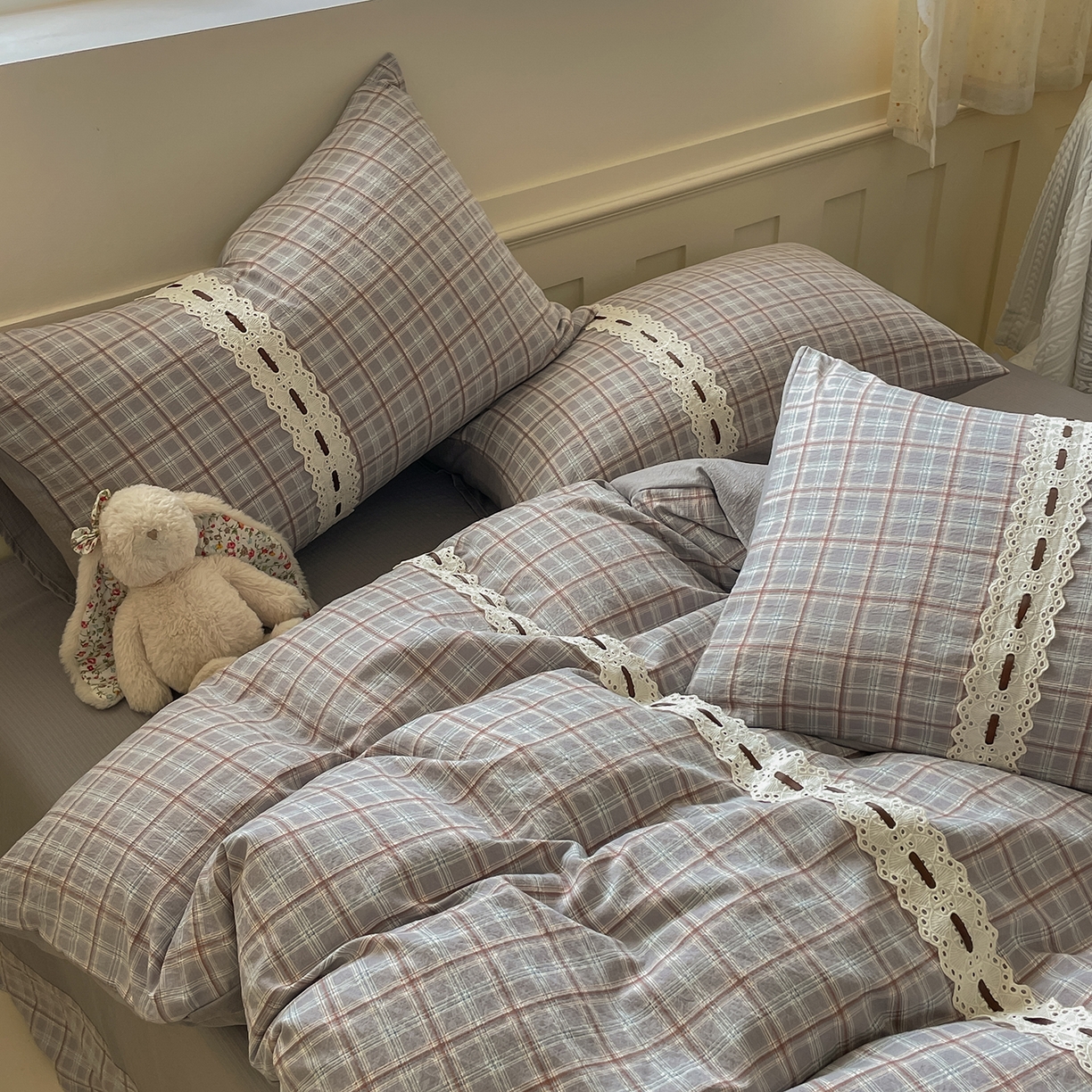 91家纺网 家纺一手货源 找家纺 韩后家纺 2025新款木棉印花四件套 艾格-灰