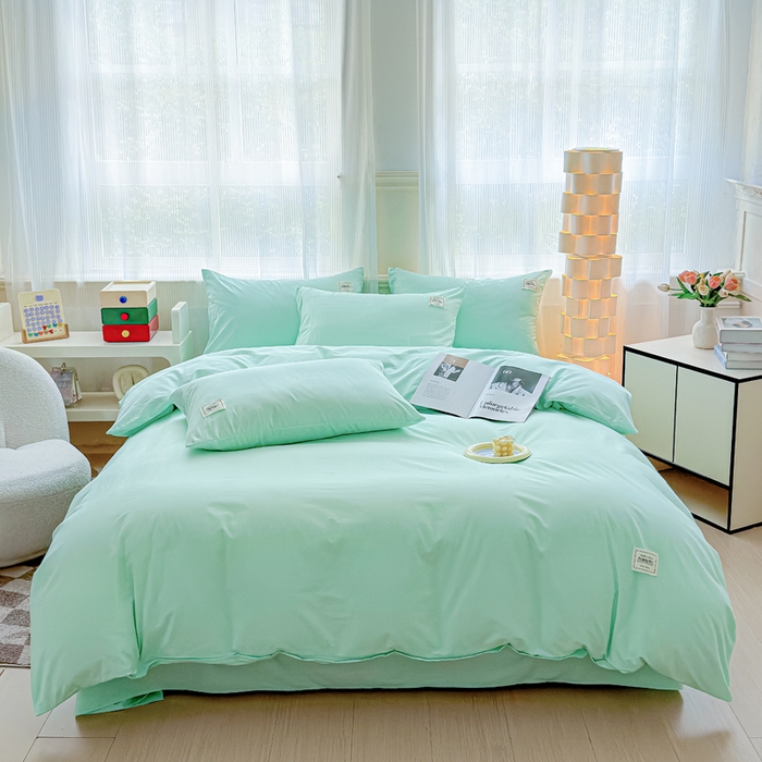 91家纺网 家纺一手货源 找家纺 花香四季家纺 2025新款全棉13376纯棉素色四件套系列床单床笠枕套单品 薄荷绿