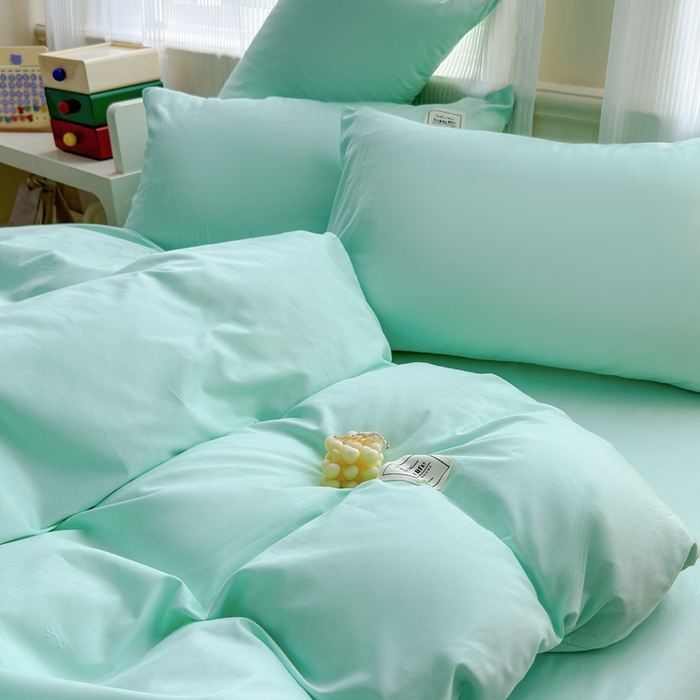 91家纺网 家纺一手货源 找家纺 花香四季家纺 2025新款全棉13376纯棉素色四件套系列床单床笠枕套单品 薄荷绿