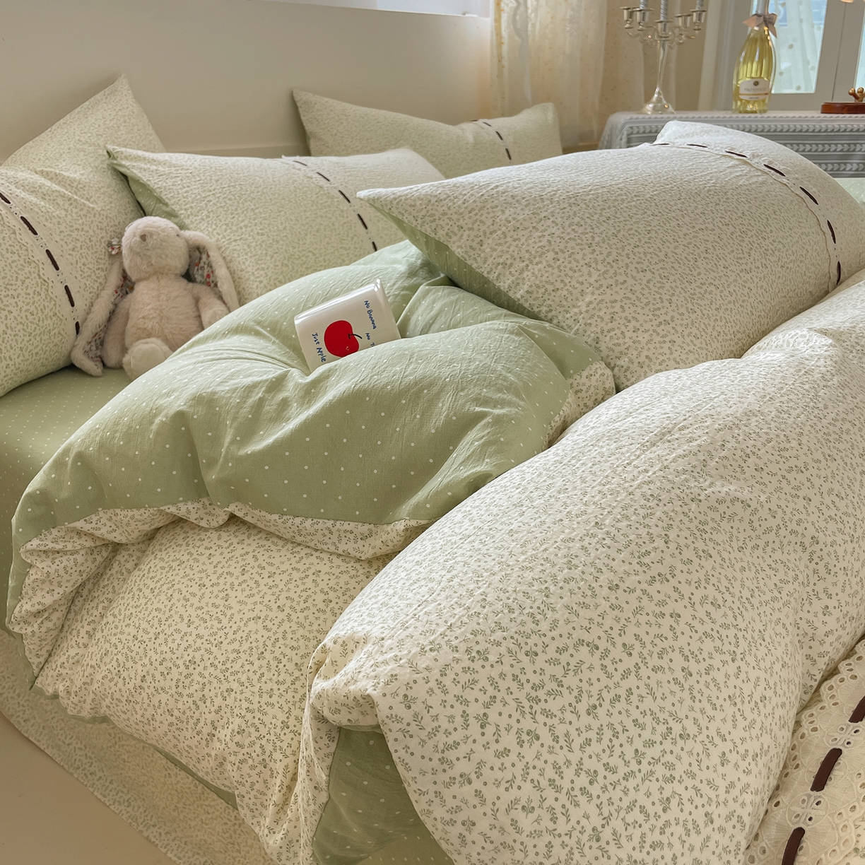 91家纺网 家纺一手货源 找家纺 韩后家纺 2025新款木棉印花四件套 塞纳花园-绿