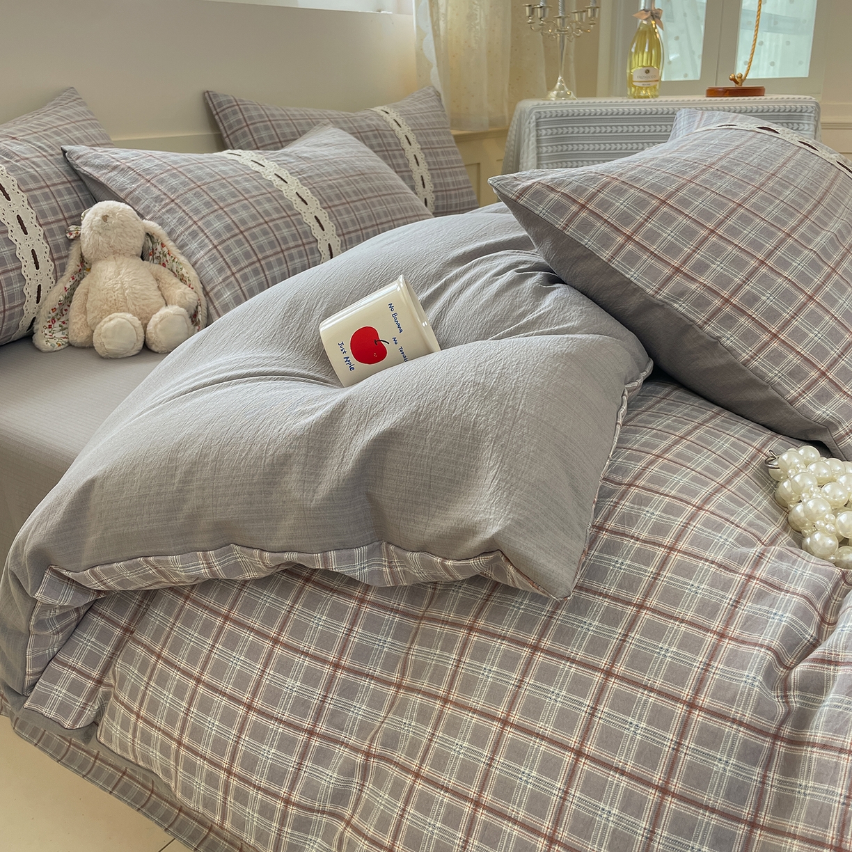 91家纺网 家纺一手货源 找家纺 韩后家纺 2025新款木棉印花四件套 艾格-灰