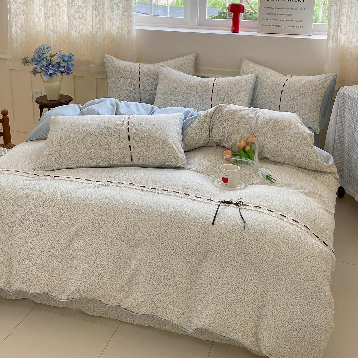 91家纺网 家纺一手货源 找家纺 韩后家纺 2025新款木棉印花四件套 塞纳花园-蓝