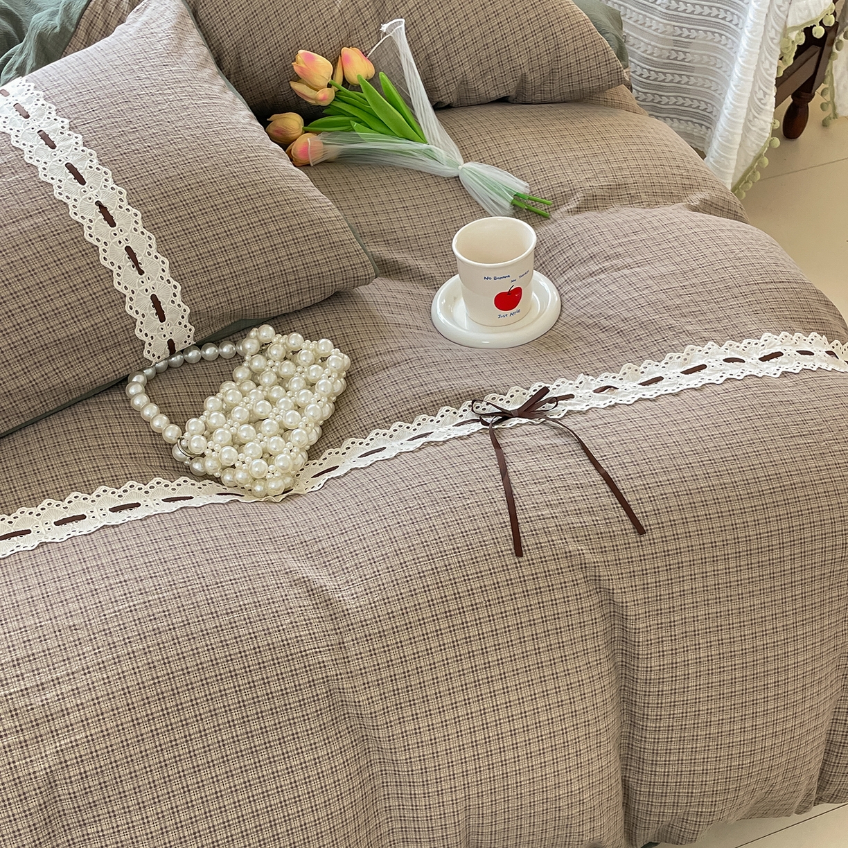 91家纺网 家纺一手货源 找家纺 韩后家纺 2025新款木棉印花四件套 格韵-绿