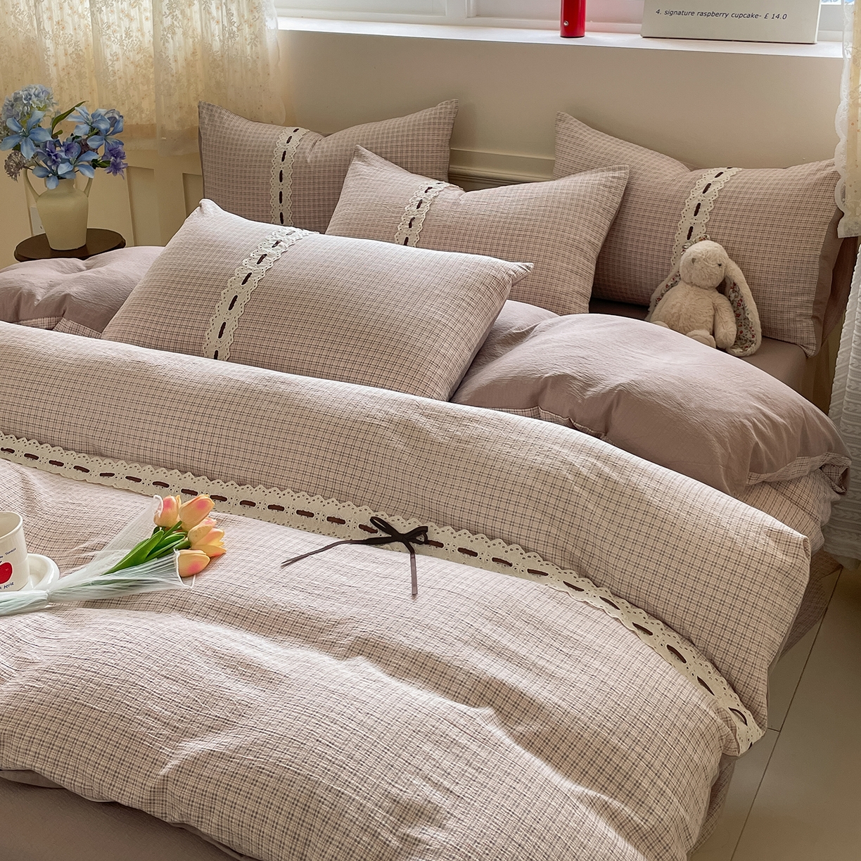 91家纺网 家纺一手货源 找家纺 韩后家纺 2025新款木棉印花四件套 格韵-咖