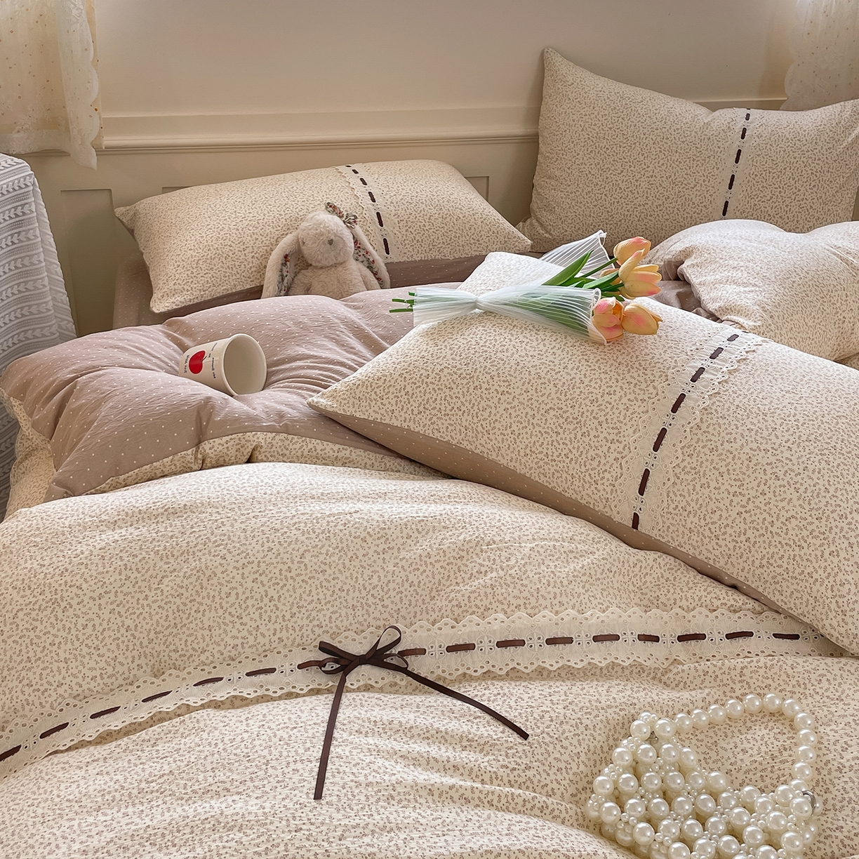 91家纺网 家纺一手货源 找家纺 韩后家纺 2025新款木棉印花四件套 塞纳花园-咖