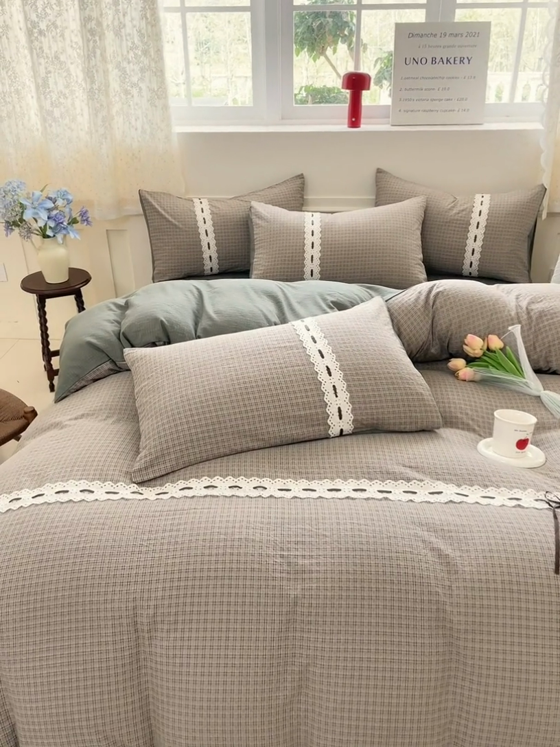 91家纺网 家纺一手货源 找家纺 韩后家纺 2025新款木棉印花四件套 格韵-绿