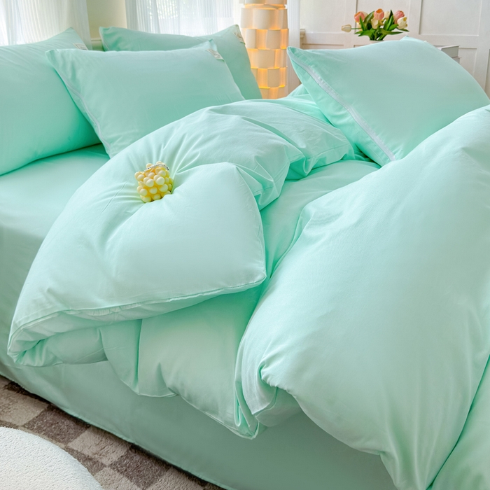 91家纺网 家纺一手货源 找家纺 花香四季家纺 2025新款全棉13376纯棉素色四件套系列床单床笠枕套单品 薄荷绿