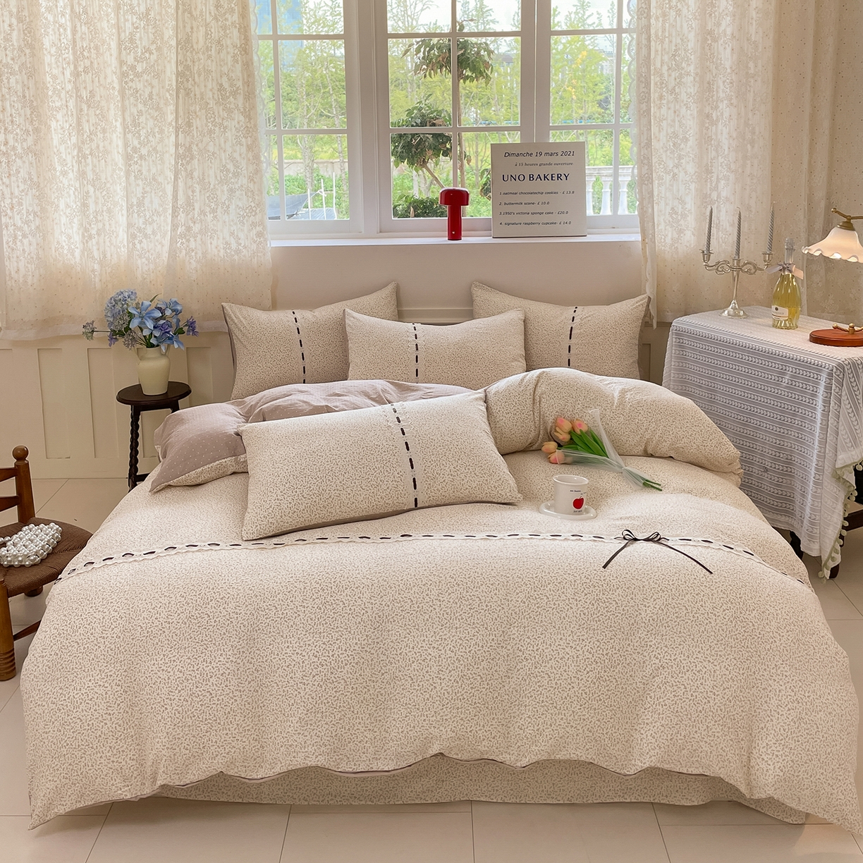 91家纺网 家纺一手货源 找家纺 韩后家纺 2025新款木棉印花四件套 塞纳花园-咖