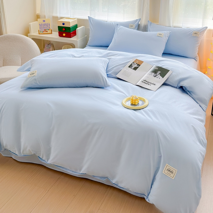 91家纺网 家纺一手货源 找家纺 花香四季家纺 2025新款全棉13376纯棉素色四件套系列床单床笠枕套单品 天真蓝