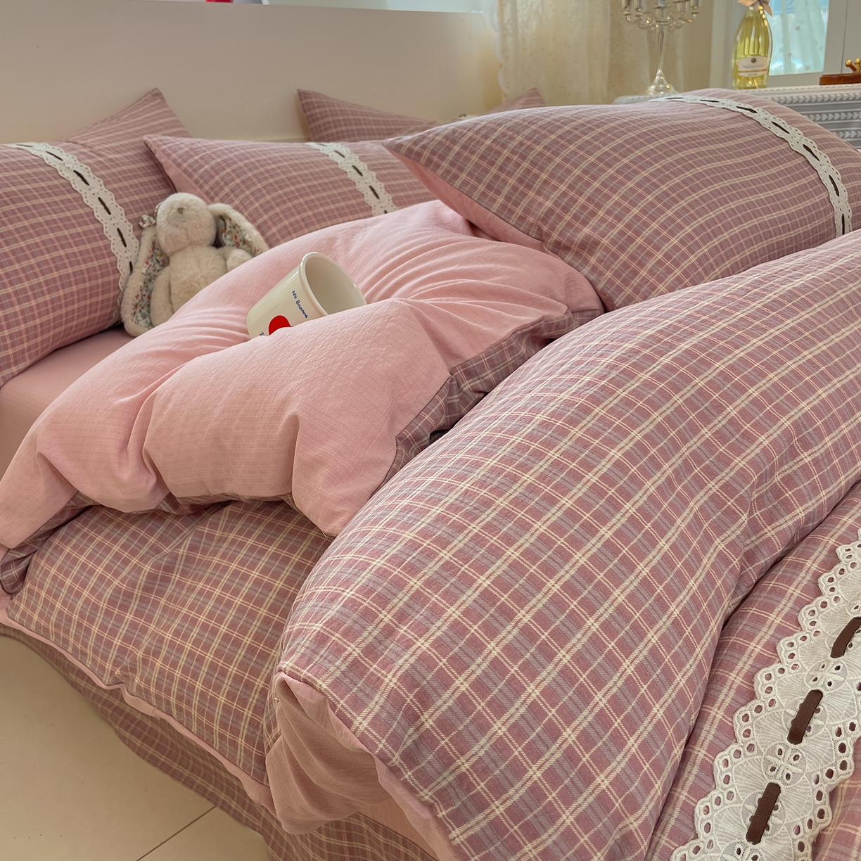 91家纺网 家纺一手货源 找家纺 韩后家纺 2025新款木棉印花四件套 艾格-粉