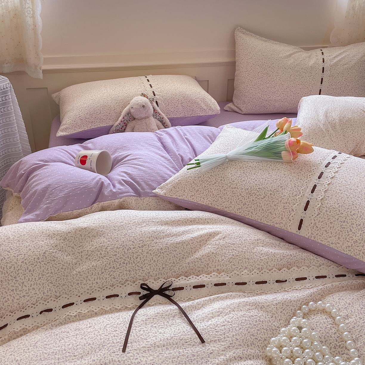 91家纺网 家纺一手货源 找家纺 韩后家纺 2025新款木棉印花四件套 塞纳花园-紫