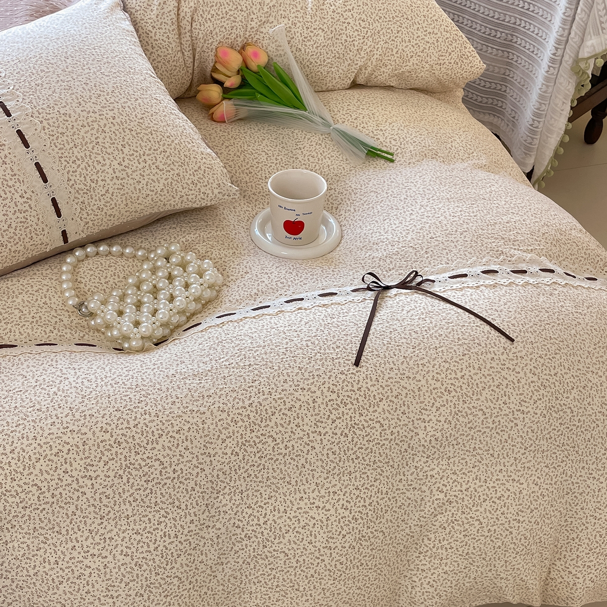 91家纺网 家纺一手货源 找家纺 韩后家纺 2025新款木棉印花四件套 塞纳花园-咖