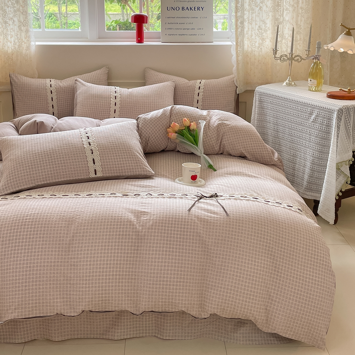 91家纺网 家纺一手货源 找家纺 韩后家纺 2025新款木棉印花四件套 格韵-咖