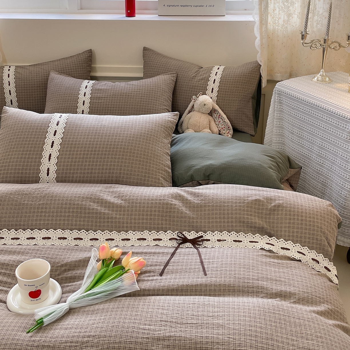 91家纺网 家纺一手货源 找家纺 韩后家纺 2025新款木棉印花四件套 格韵-绿