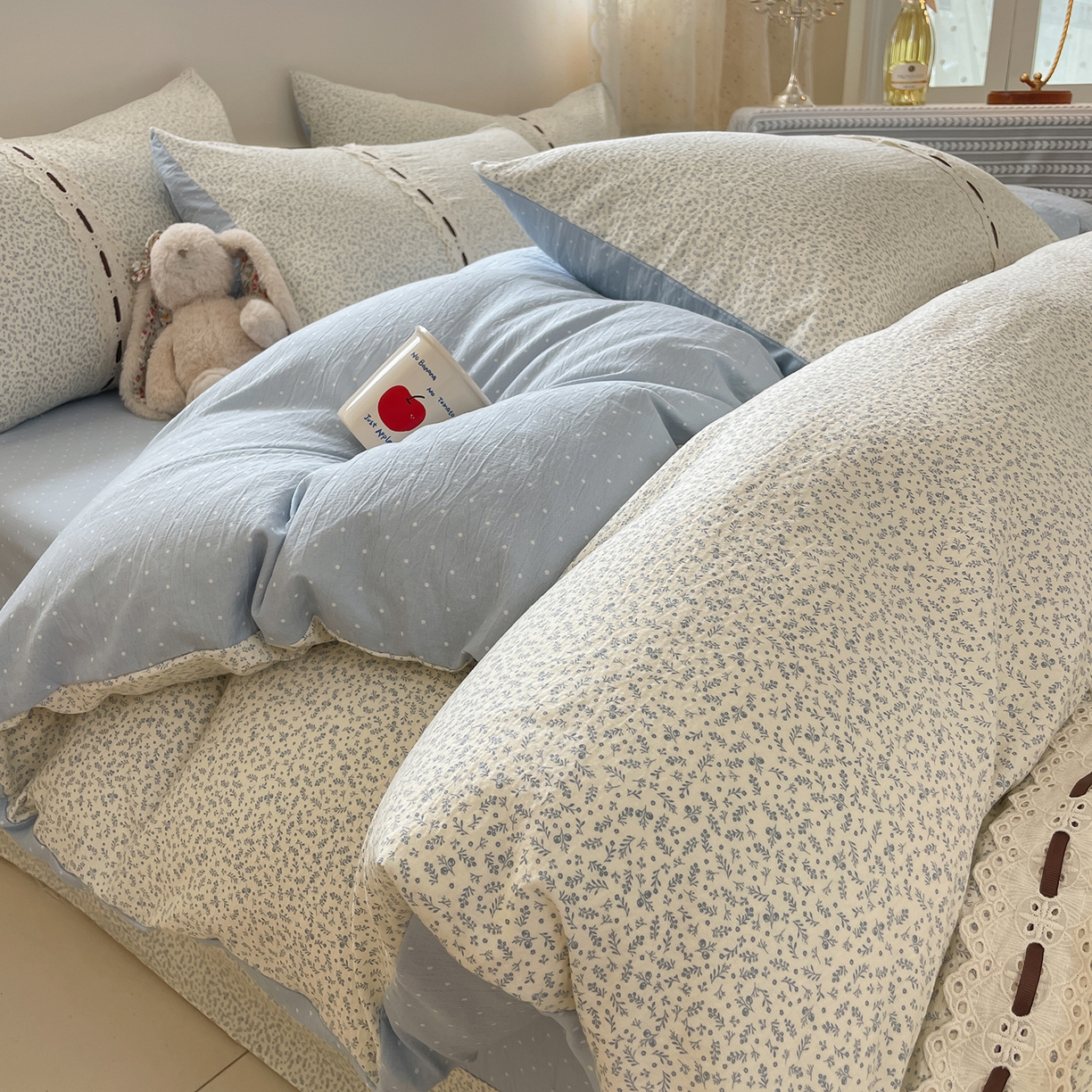 91家纺网 家纺一手货源 找家纺 韩后家纺 2025新款木棉印花四件套 塞纳花园-蓝