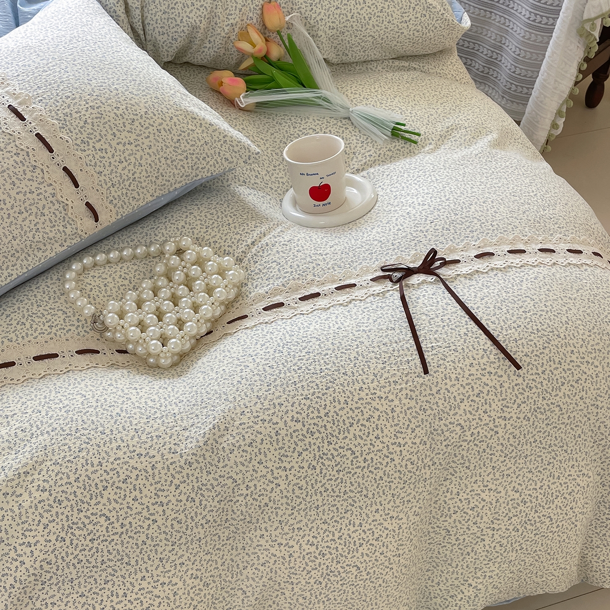 91家纺网 家纺一手货源 找家纺 韩后家纺 2025新款木棉印花四件套 塞纳花园-蓝