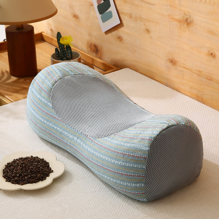 91家纺网 家纺一手货源 找家纺 金牛枕芯 2025新款全棉3d条纹荞麦枕头枕芯圆柱护颈枕 蓝色