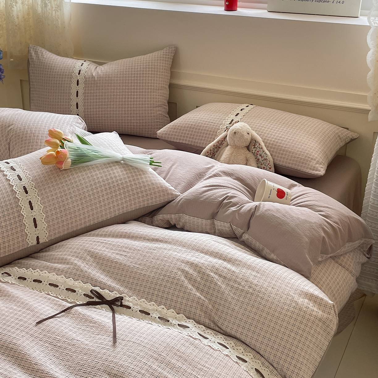 91家纺网 家纺一手货源 找家纺 韩后家纺 2025新款木棉印花四件套 格韵-咖