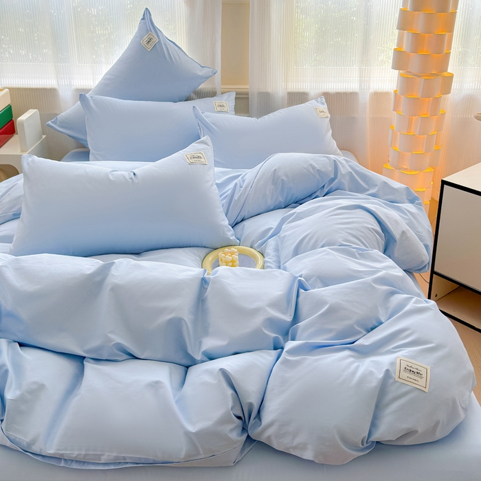 91家纺网 家纺一手货源 找家纺 花香四季家纺 2025新款全棉13376纯棉素色四件套系列床单床笠枕套单品 天真蓝