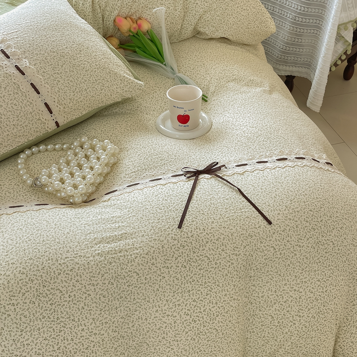 91家纺网 家纺一手货源 找家纺 韩后家纺 2025新款木棉印花四件套 塞纳花园-绿