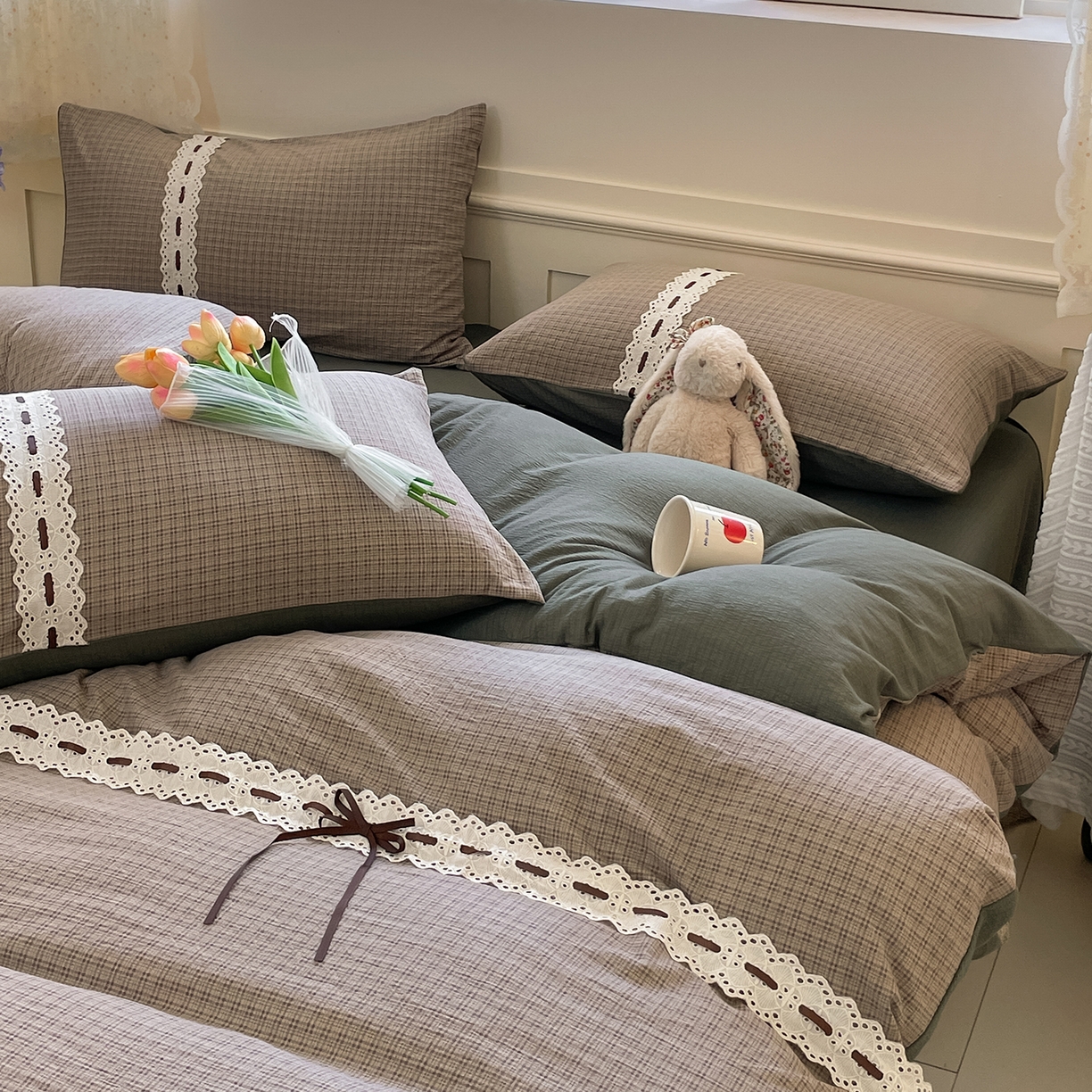 91家纺网 家纺一手货源 找家纺 韩后家纺 2025新款木棉印花四件套 格韵-绿