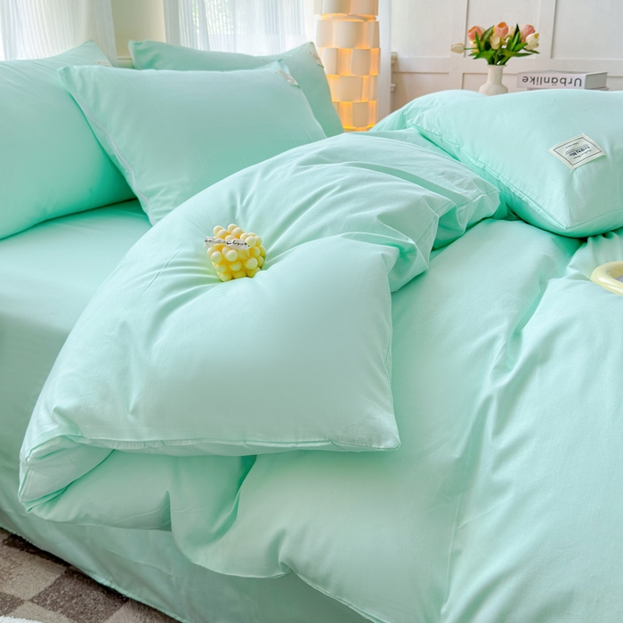 91家纺网 家纺一手货源 找家纺 花香四季家纺 2025新款全棉13376纯棉素色四件套系列床单床笠枕套单品 薄荷绿