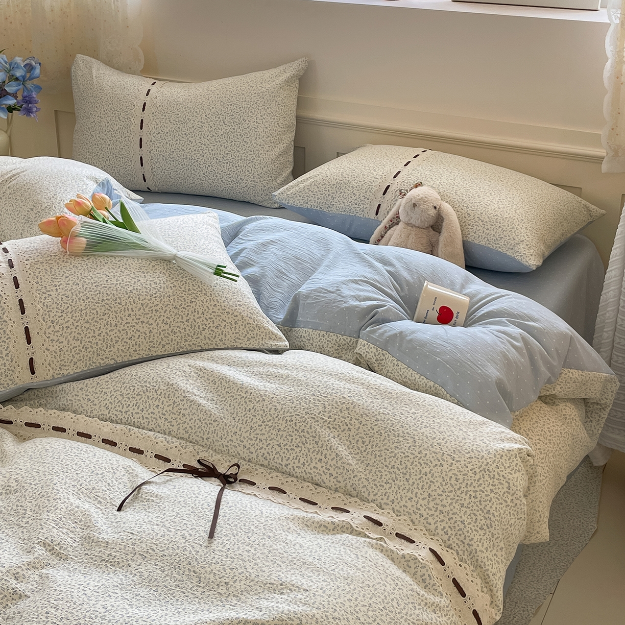 91家纺网 家纺一手货源 找家纺 韩后家纺 2025新款木棉印花四件套 塞纳花园-蓝