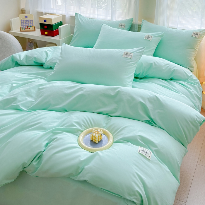 91家纺网 家纺一手货源 找家纺 花香四季家纺 2025新款全棉13376纯棉素色四件套系列床单床笠枕套单品 薄荷绿