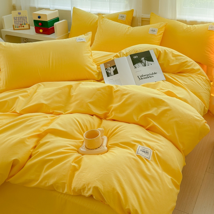 91家纺网 家纺一手货源 找家纺 花香四季家纺 2025新款全棉13376纯棉素色四件套系列床单床笠枕套单品 姜黄