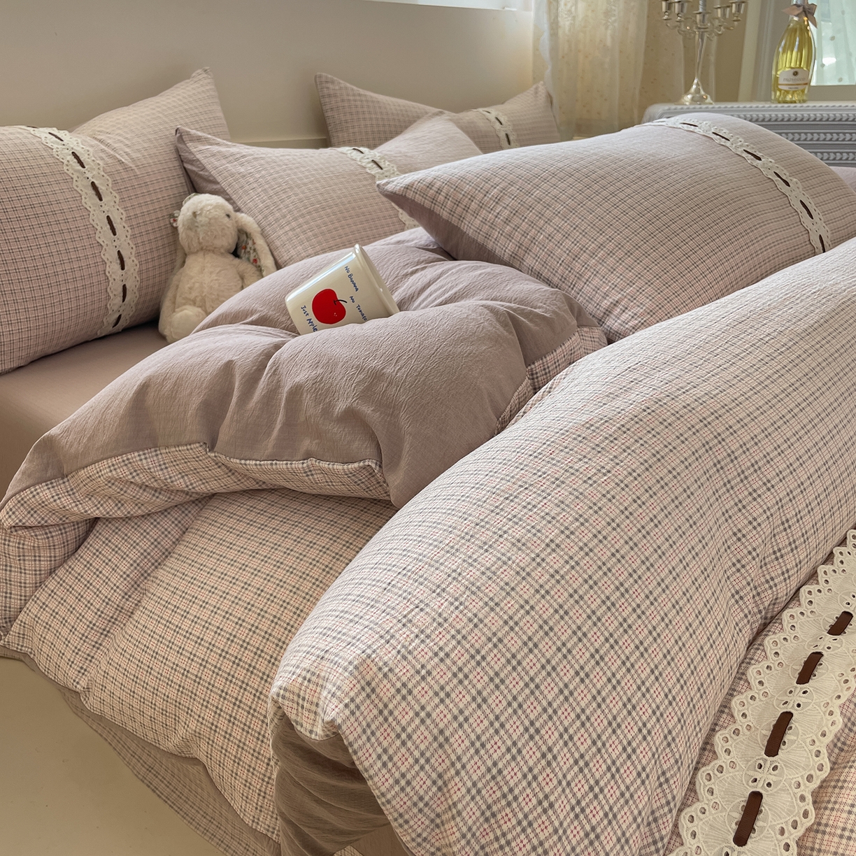 91家纺网 家纺一手货源 找家纺 韩后家纺 2025新款木棉印花四件套 格韵-咖