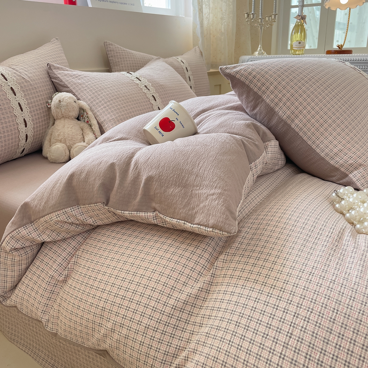 91家纺网 家纺一手货源 找家纺 韩后家纺 2025新款木棉印花四件套 格韵-咖